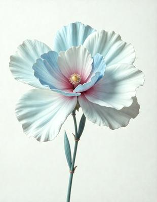 The primary subject of the image is a beautiful blue and white flower with a yellow center. The flower is placed against a white background, which creates a striking contrast. The visual style of the image is a close-up of the flower, showcasing its intricate details. The dominant colors in the image are blue, white, and yellow, creating a serene and calming atmosphere.